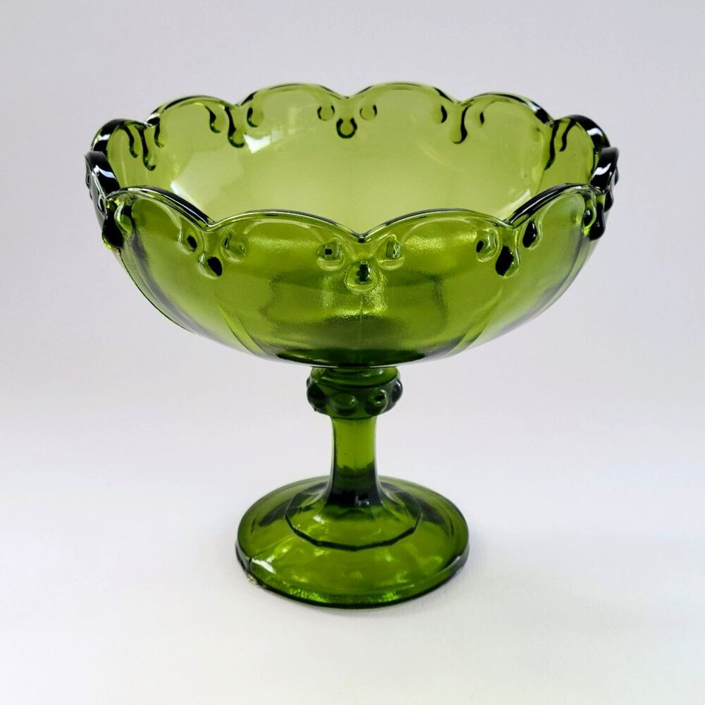 Vintage Indiana Glass Garland Pedestal Compote Dish, Avocado Green Teardrop Edge - Picture 2 of 10